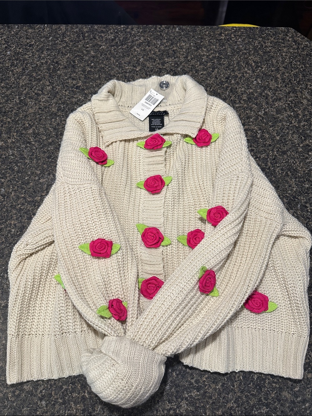 Cream Knit Cardigan with Pink Rose Appliqués